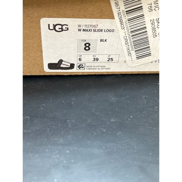 Ugg Womens Maxi Slide Logo Sandals Black & White Fur Lined Size 8 - Picture 2 of 8